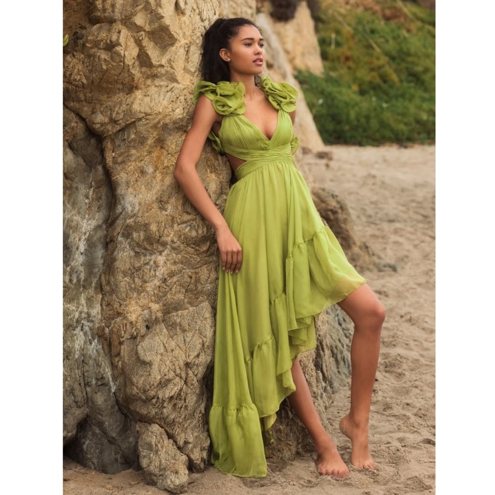 Mac Duggal by Ieena 68641 Ruffle Tiered Cut-Out Chiffon High Low Gown
